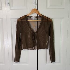 Vintage Gaze Brown Long Sleeve Tie Front Crop Blouse Size XS Y2K Sheer Neutral